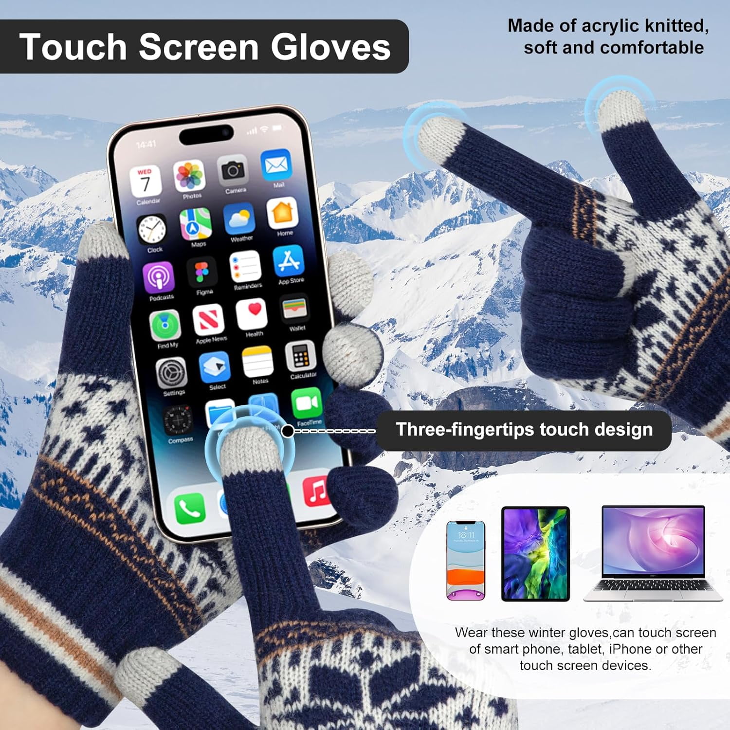3 Pairs Touch Screen Gloves with Snow Flower Pattern, Warm Knit Winter Gloves Christmas Gifts Stocking Stuffers for Women Gray Navy Blue Black - Image 4