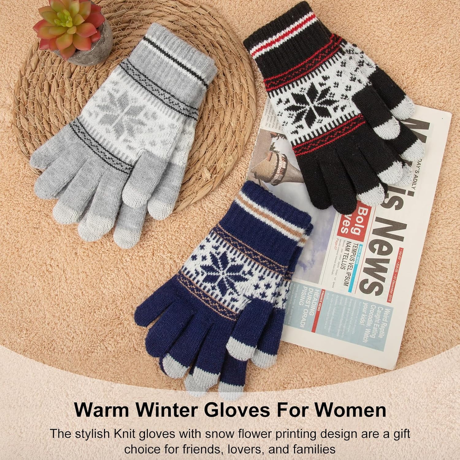 3 Pairs Touch Screen Gloves with Snow Flower Pattern, Warm Knit Winter Gloves Christmas Gifts Stocking Stuffers for Women Gray Navy Blue Black - Image 5