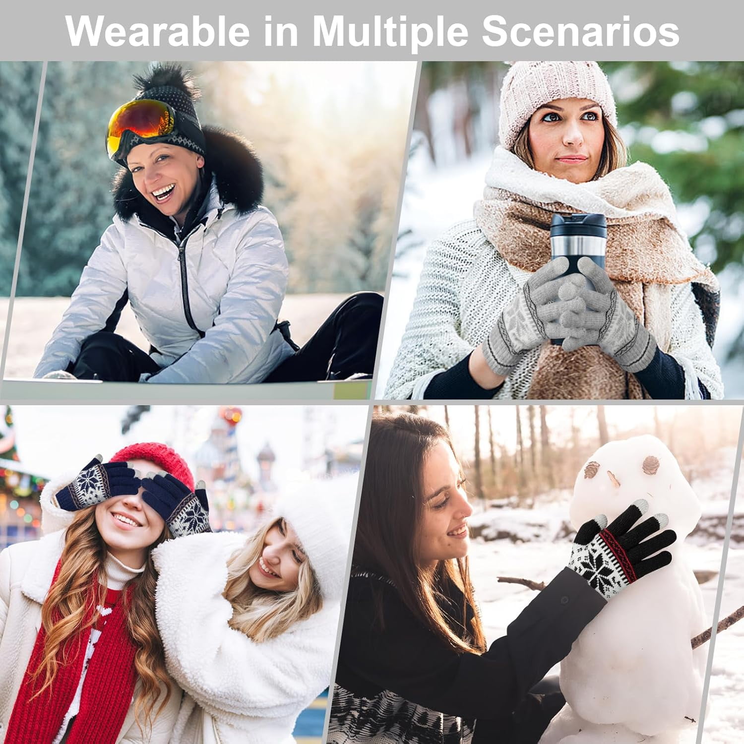 3 Pairs Touch Screen Gloves with Snow Flower Pattern, Warm Knit Winter Gloves Christmas Gifts Stocking Stuffers for Women Gray Navy Blue Black - Image 6