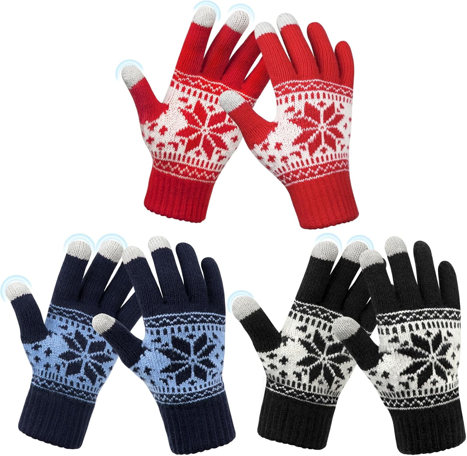 3 Pairs Touch Screen Gloves with Snow Flower Pattern, Warm Knit Winter Gloves Christmas Gifts Stocking Stuffers for Women Red1 Blue White - Image 1