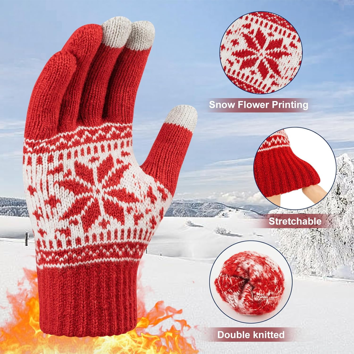 3 Pairs Touch Screen Gloves with Snow Flower Pattern, Warm Knit Winter Gloves Christmas Gifts Stocking Stuffers for Women Red1 Blue White - Image 2