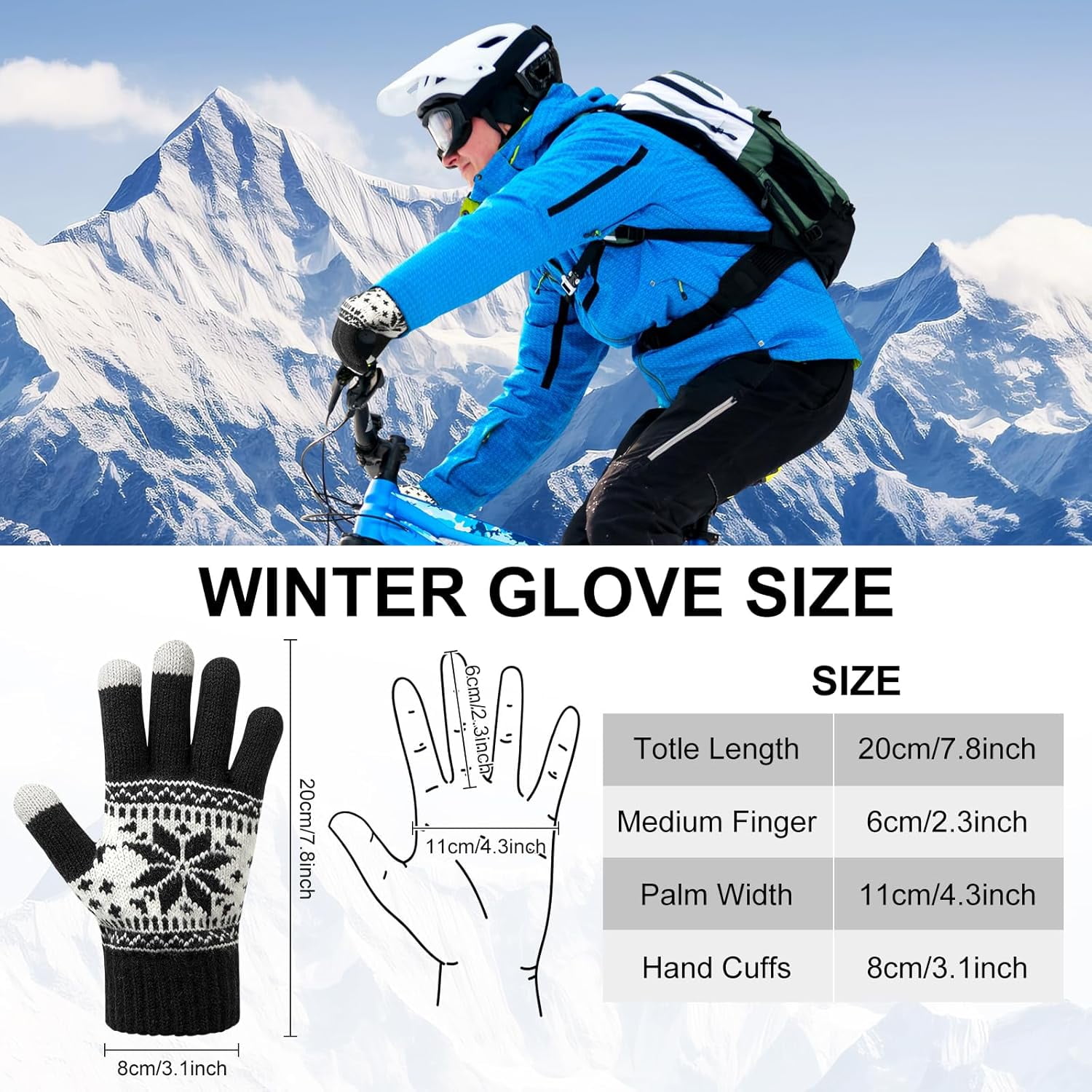 3 Pairs Touch Screen Gloves with Snow Flower Pattern, Warm Knit Winter Gloves Christmas Gifts Stocking Stuffers for Women Red1 Blue White - Image 3