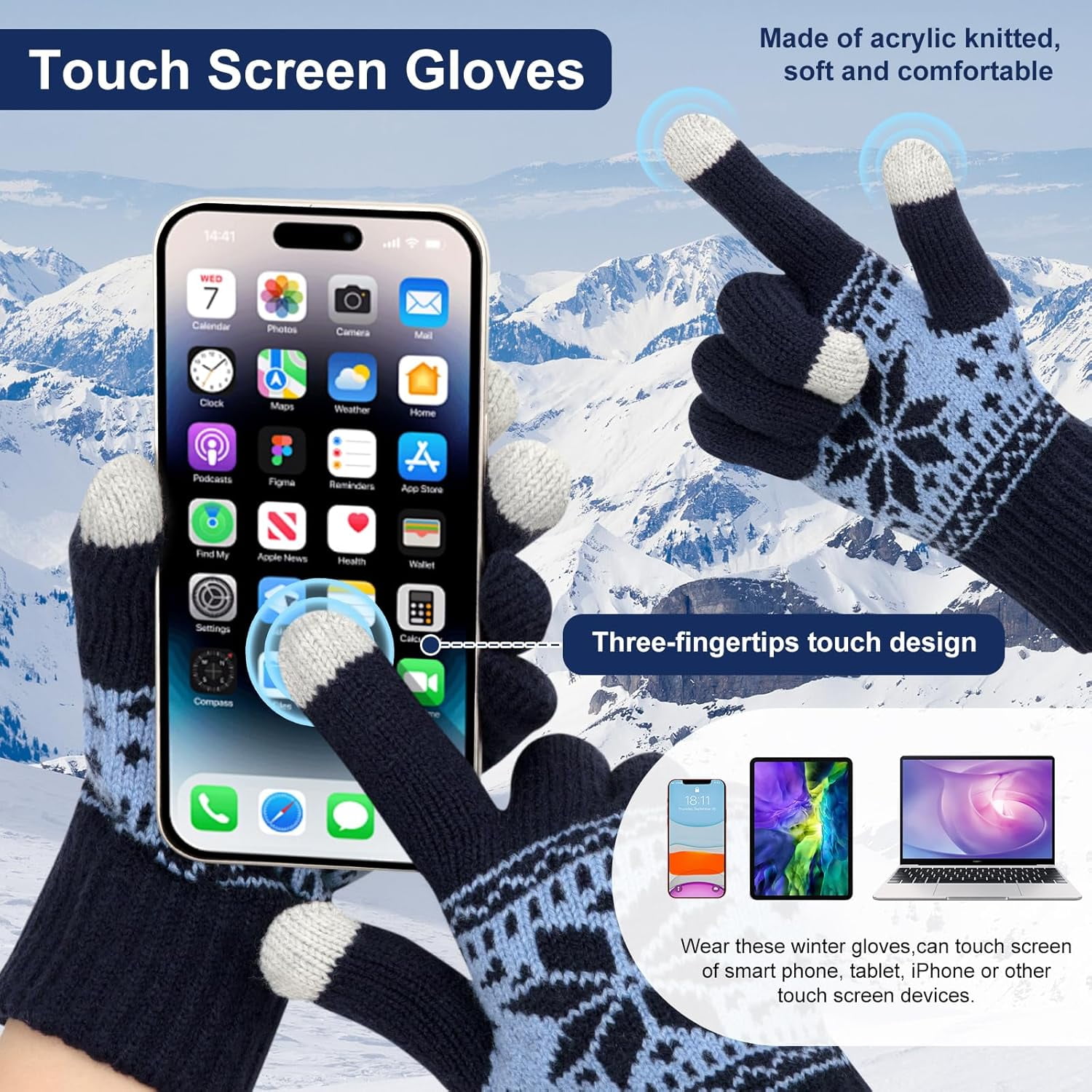 3 Pairs Touch Screen Gloves with Snow Flower Pattern, Warm Knit Winter Gloves Christmas Gifts Stocking Stuffers for Women Red1 Blue White - Image 4