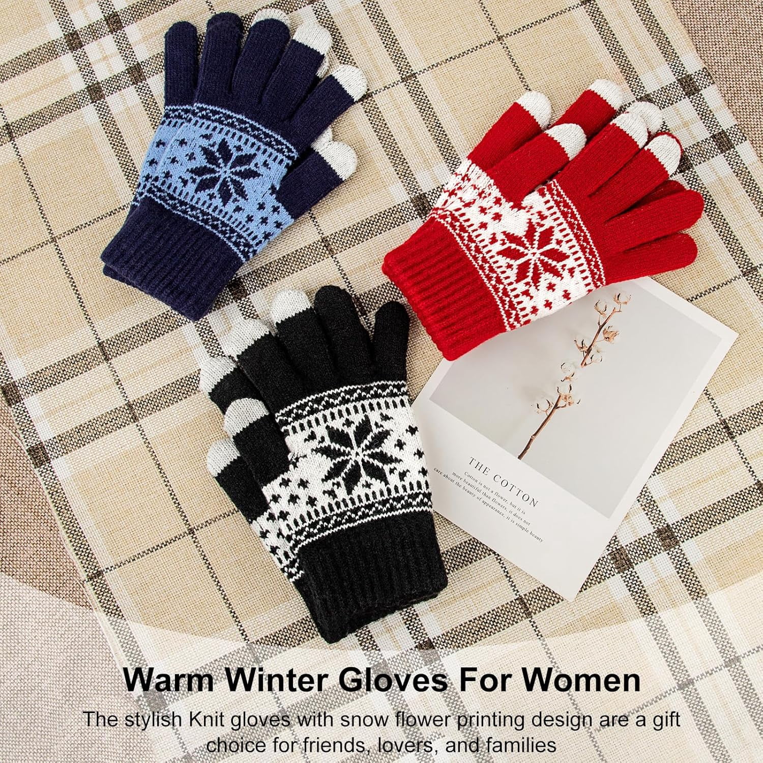 3 Pairs Touch Screen Gloves with Snow Flower Pattern, Warm Knit Winter Gloves Christmas Gifts Stocking Stuffers for Women Red1 Blue White - Image 5