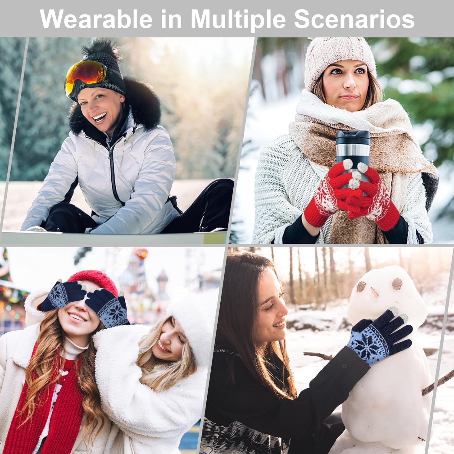 3 Pairs Touch Screen Gloves with Snow Flower Pattern, Warm Knit Winter Gloves Christmas Gifts Stocking Stuffers for Women Red1 Blue White - Image 6