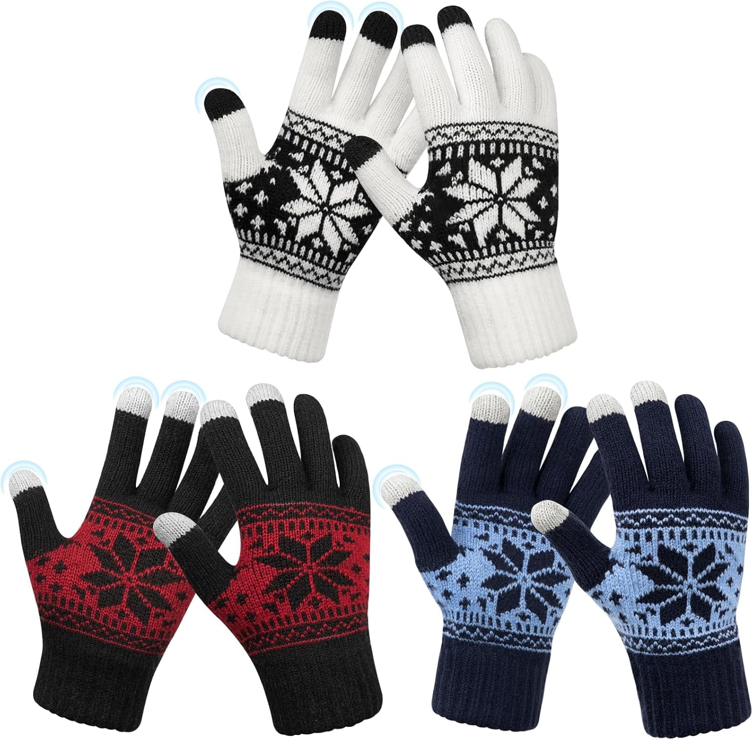 3 Pairs Touch Screen Gloves with Snow Flower Pattern, Warm Knit Winter Gloves Christmas Gifts Stocking Stuffers for Women White Blue Red - Image 1