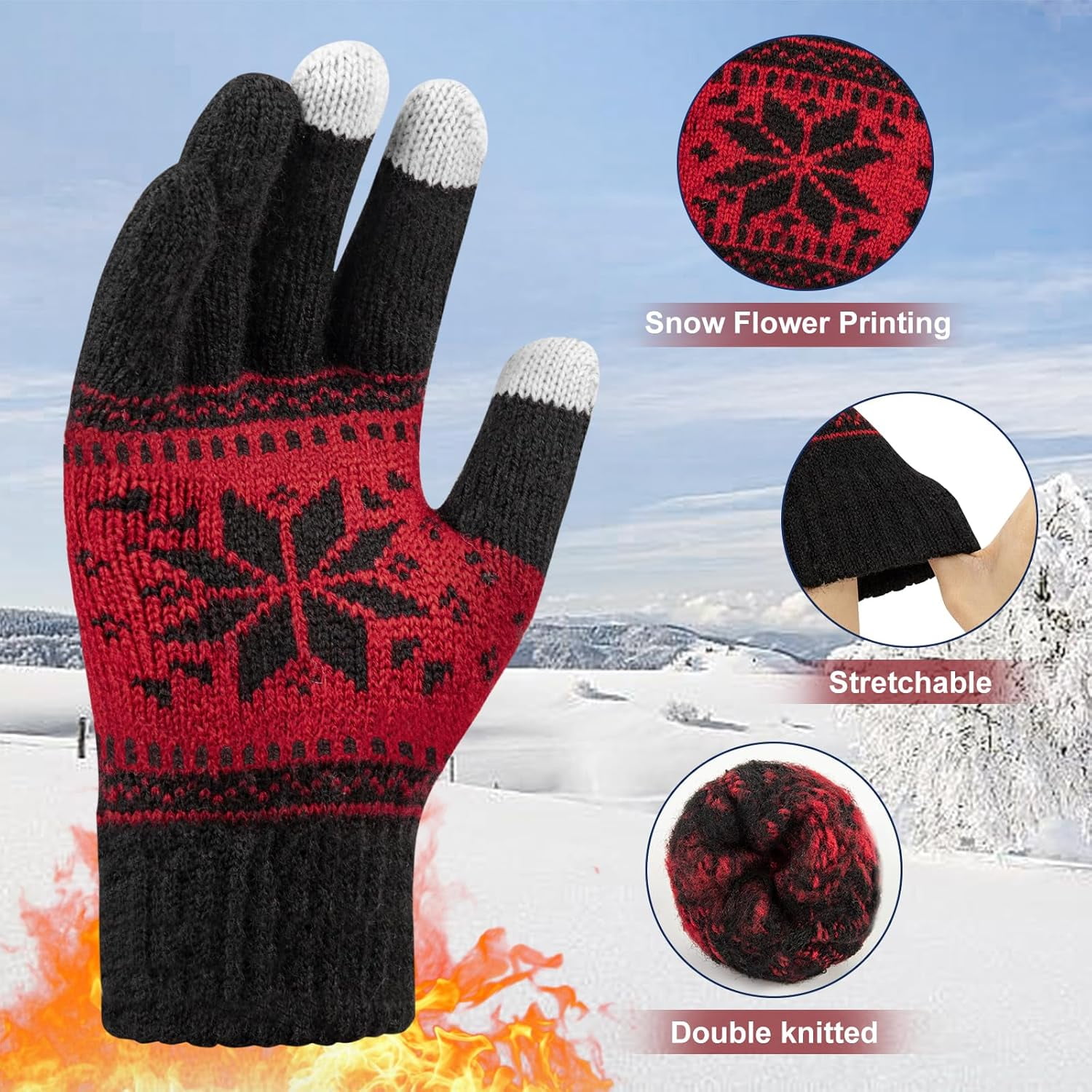 3 Pairs Touch Screen Gloves with Snow Flower Pattern, Warm Knit Winter Gloves Christmas Gifts Stocking Stuffers for Women White Blue Red - Image 2