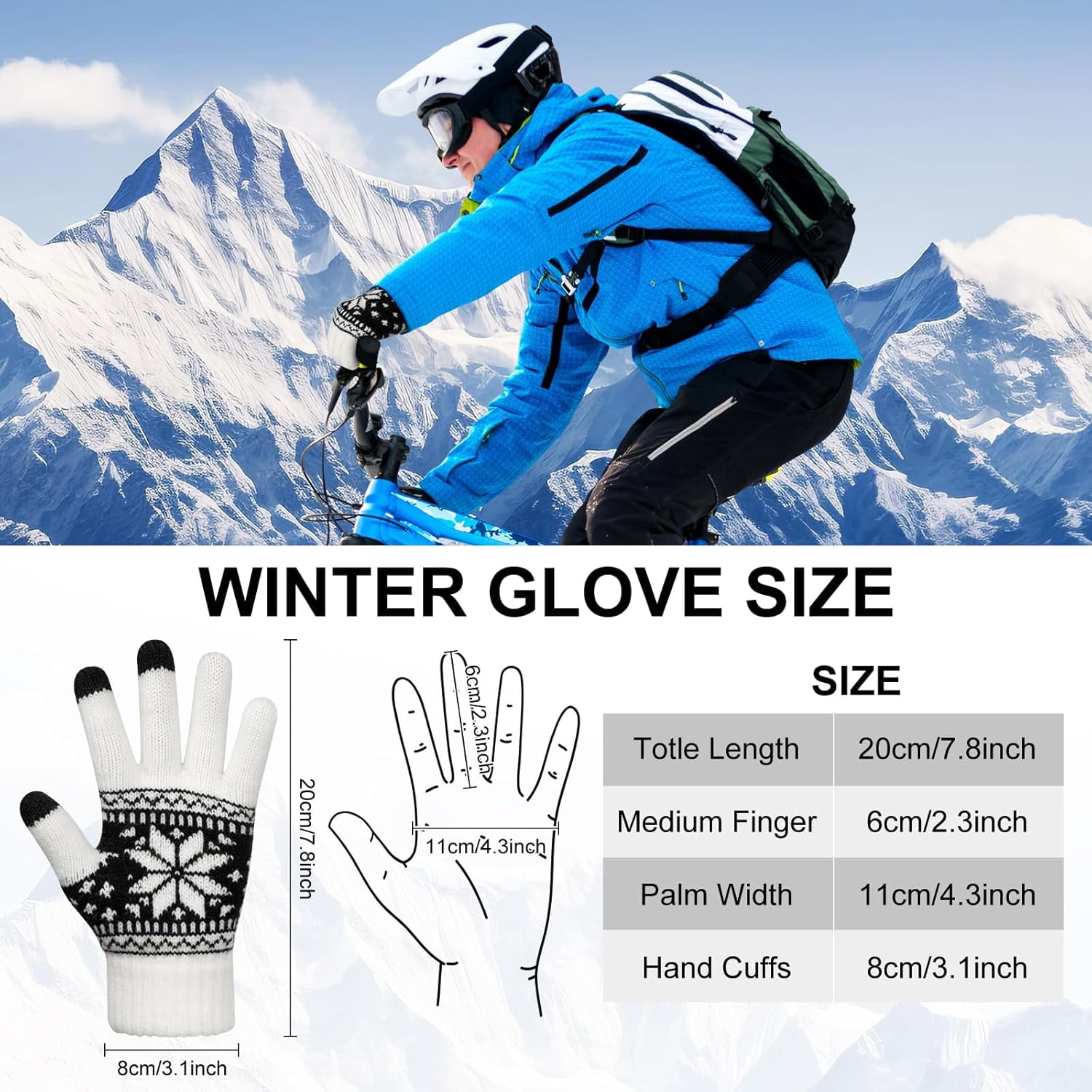 3 Pairs Touch Screen Gloves with Snow Flower Pattern, Warm Knit Winter Gloves Christmas Gifts Stocking Stuffers for Women White Blue Red - Image 3