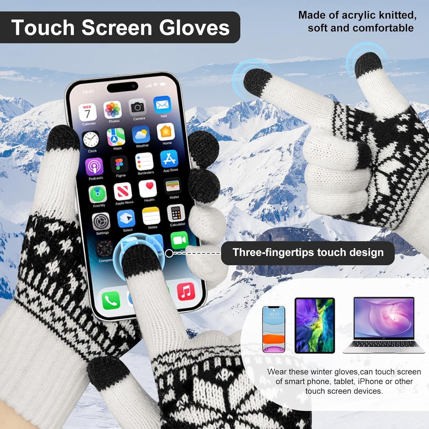 3 Pairs Touch Screen Gloves with Snow Flower Pattern, Warm Knit Winter Gloves Christmas Gifts Stocking Stuffers for Women White Blue Red - Image 4