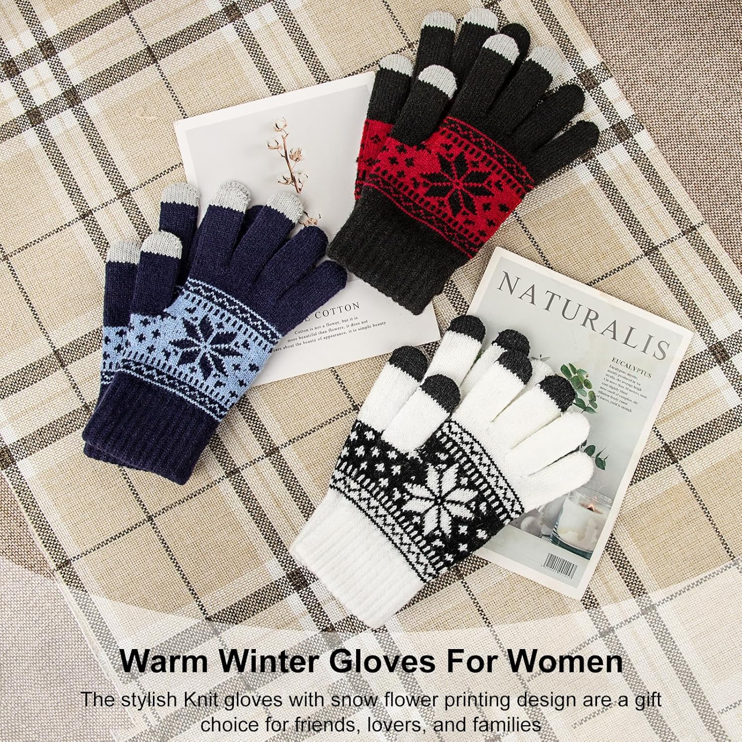 3 Pairs Touch Screen Gloves with Snow Flower Pattern, Warm Knit Winter Gloves Christmas Gifts Stocking Stuffers for Women White Blue Red - Image 5