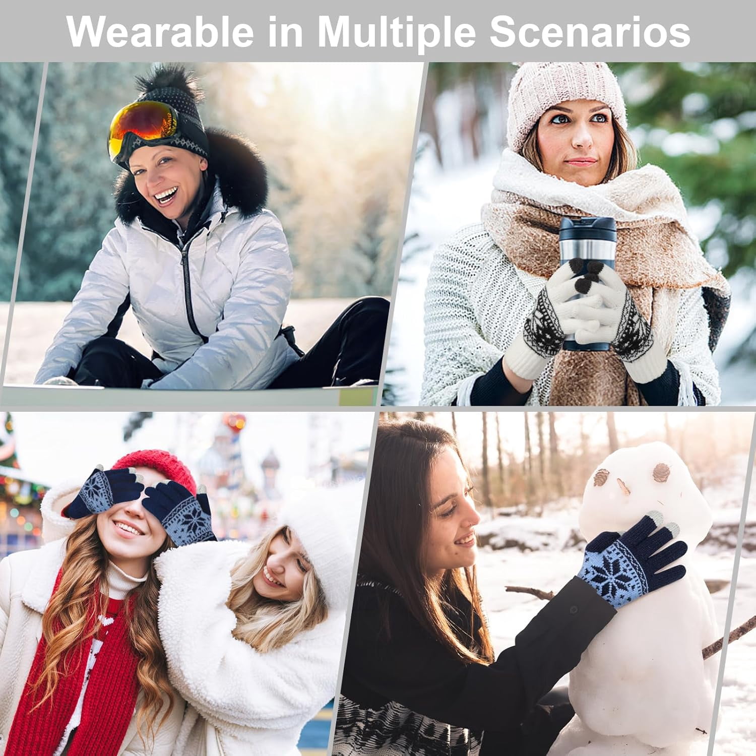 3 Pairs Touch Screen Gloves with Snow Flower Pattern, Warm Knit Winter Gloves Christmas Gifts Stocking Stuffers for Women White Blue Red - Image 6