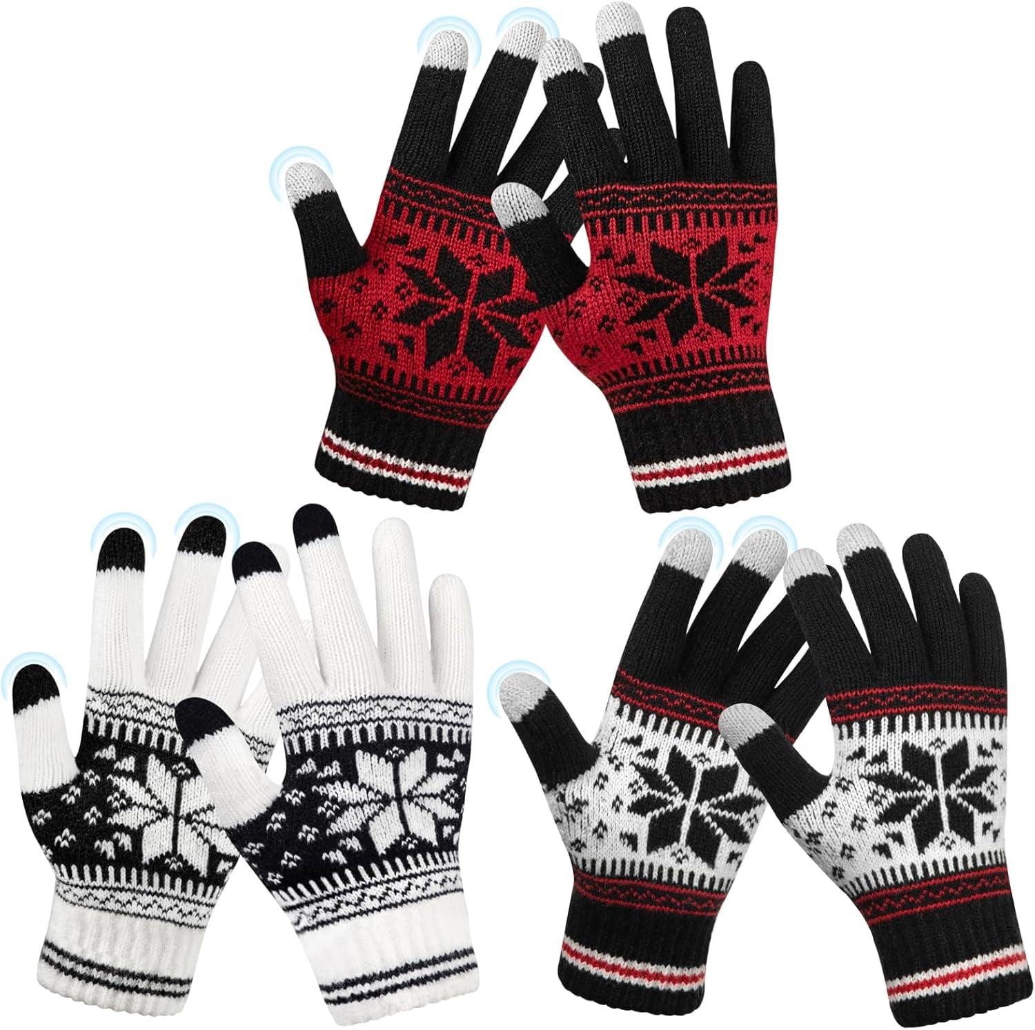 3 Pairs Touch Screen Gloves with Snow Flower Pattern, Warm Knit Winter Gloves Christmas Gifts Stocking Stuffers for Women White Red Black - Image 1