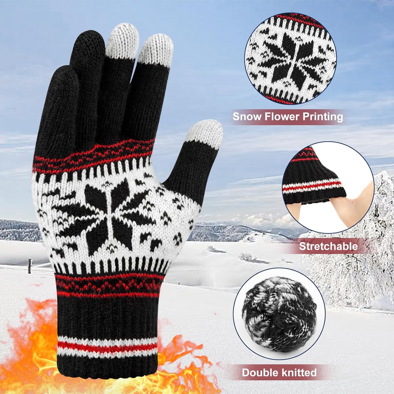 3 Pairs Touch Screen Gloves with Snow Flower Pattern, Warm Knit Winter Gloves Christmas Gifts Stocking Stuffers for Women White Red Black - Image 2