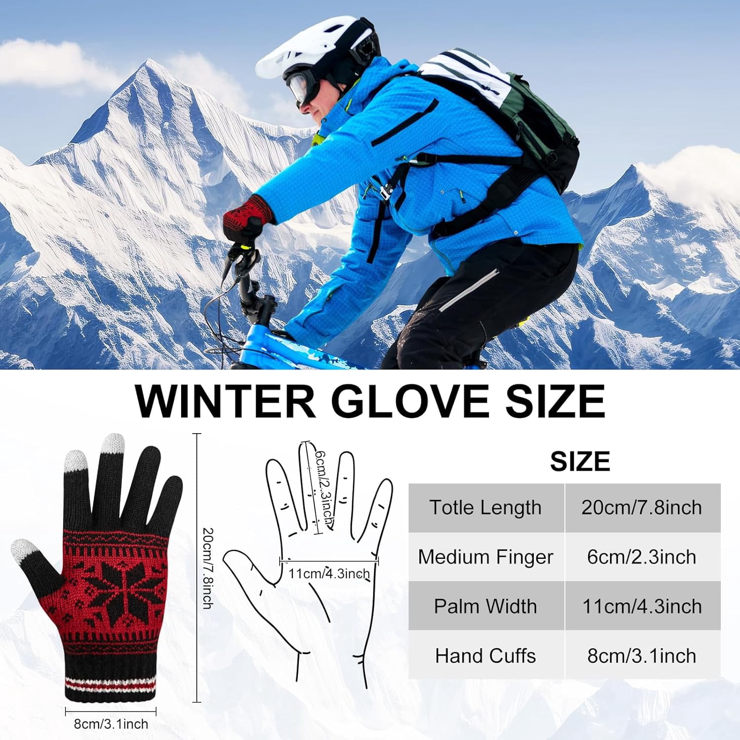 3 Pairs Touch Screen Gloves with Snow Flower Pattern, Warm Knit Winter Gloves Christmas Gifts Stocking Stuffers for Women White Red Black - Image 3