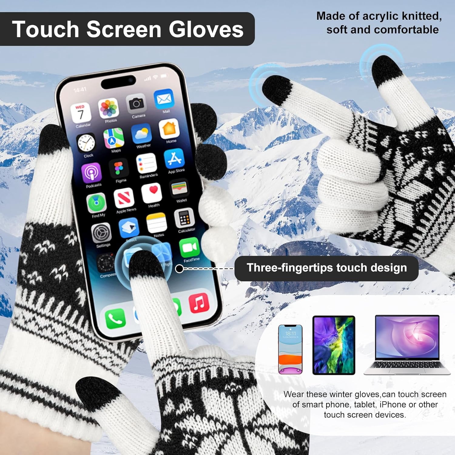3 Pairs Touch Screen Gloves with Snow Flower Pattern, Warm Knit Winter Gloves Christmas Gifts Stocking Stuffers for Women White Red Black - Image 4