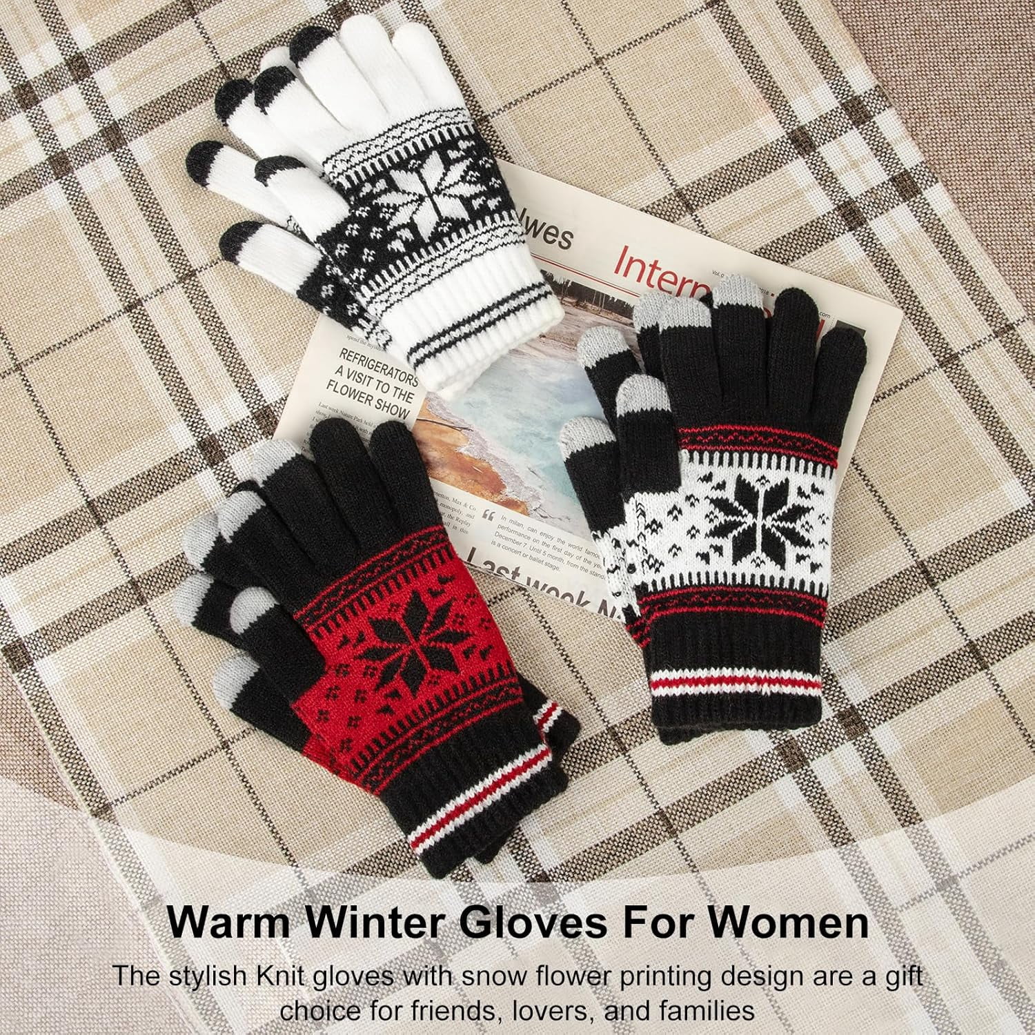 3 Pairs Touch Screen Gloves with Snow Flower Pattern, Warm Knit Winter Gloves Christmas Gifts Stocking Stuffers for Women White Red Black - Image 5