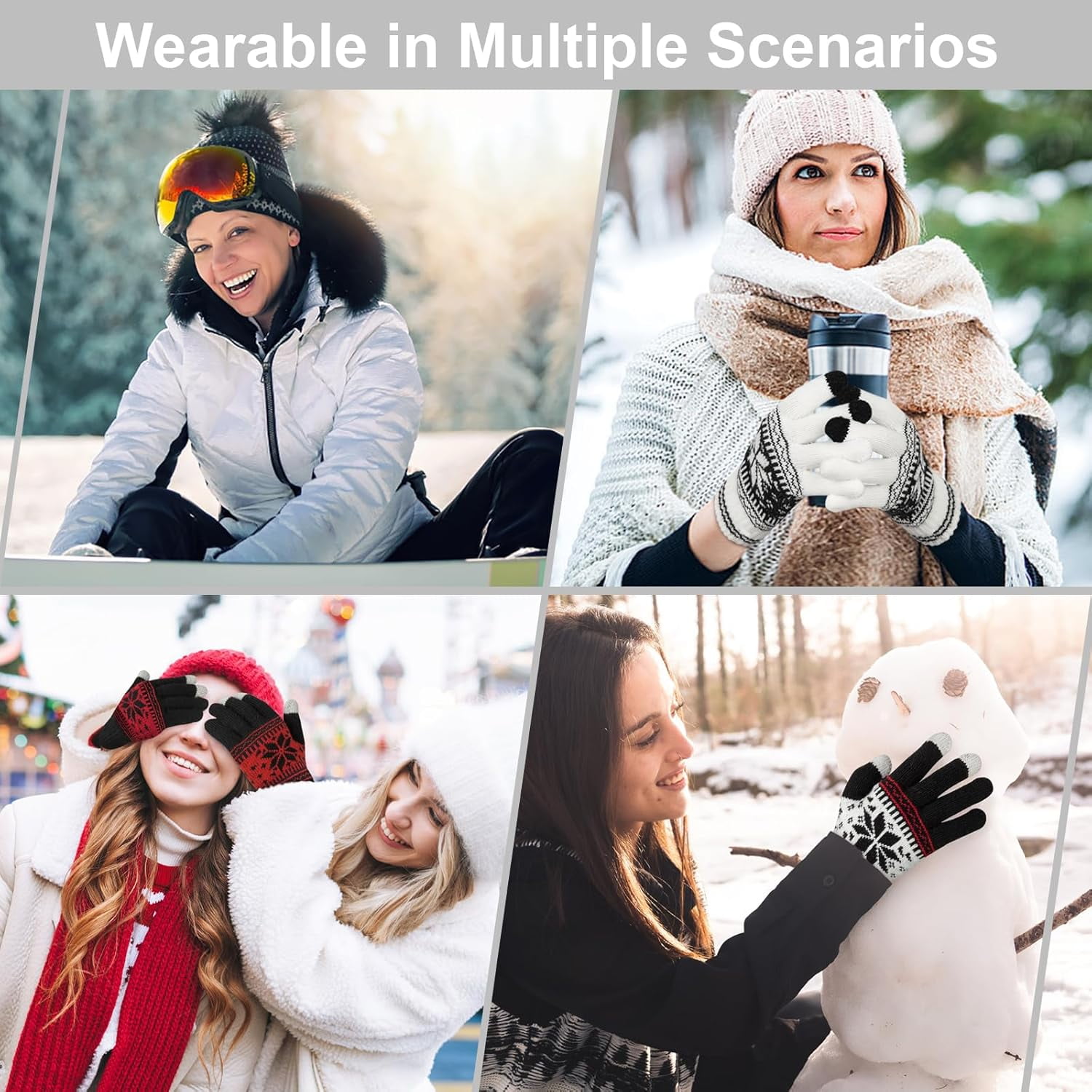 3 Pairs Touch Screen Gloves with Snow Flower Pattern, Warm Knit Winter Gloves Christmas Gifts Stocking Stuffers for Women White Red Black - Image 6
