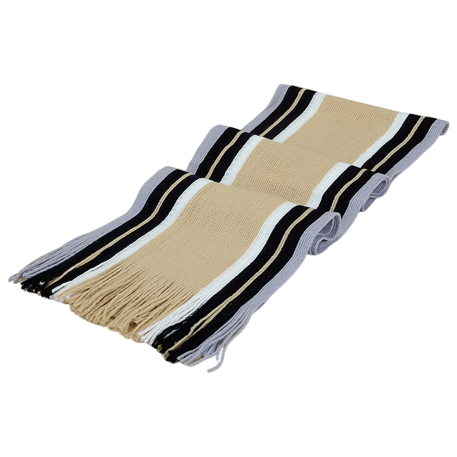 Men's Winter Scarf - Classic Striped Tassel Edge Soft Warm Scarf, Woolen Yarn Knitted Scarf Beige - Image 2