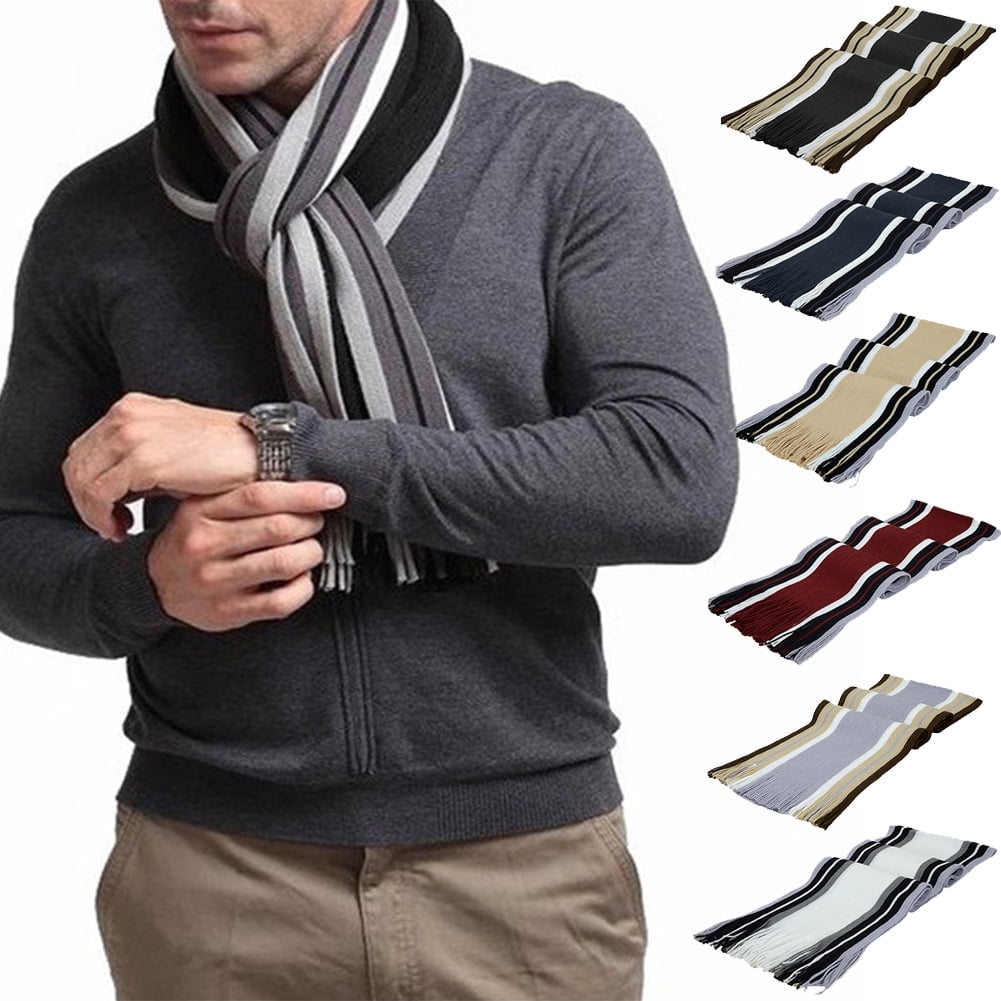 Men's Winter Scarf - Classic Striped Tassel Edge Soft Warm Scarf, Woolen Yarn Knitted Scarf White - Image 1