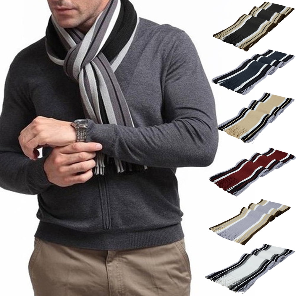 Men's Winter Scarf - Classic Striped Tassel Edge Soft Warm Scarf, Woolen Yarn Knitted Scarf Wine Red - Image 1