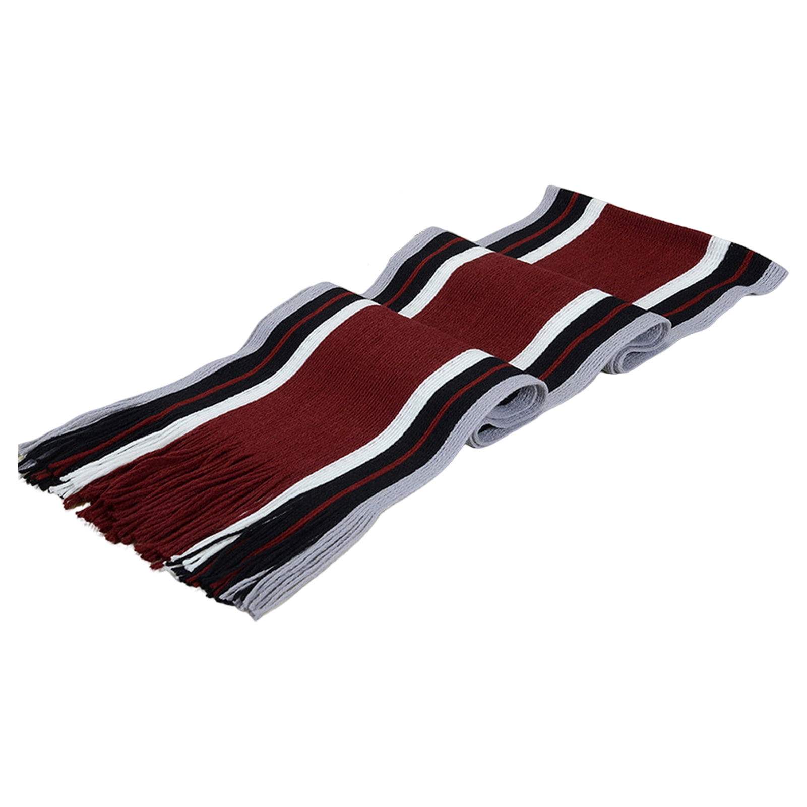 Men's Winter Scarf - Classic Striped Tassel Edge Soft Warm Scarf, Woolen Yarn Knitted Scarf Wine Red - Image 2