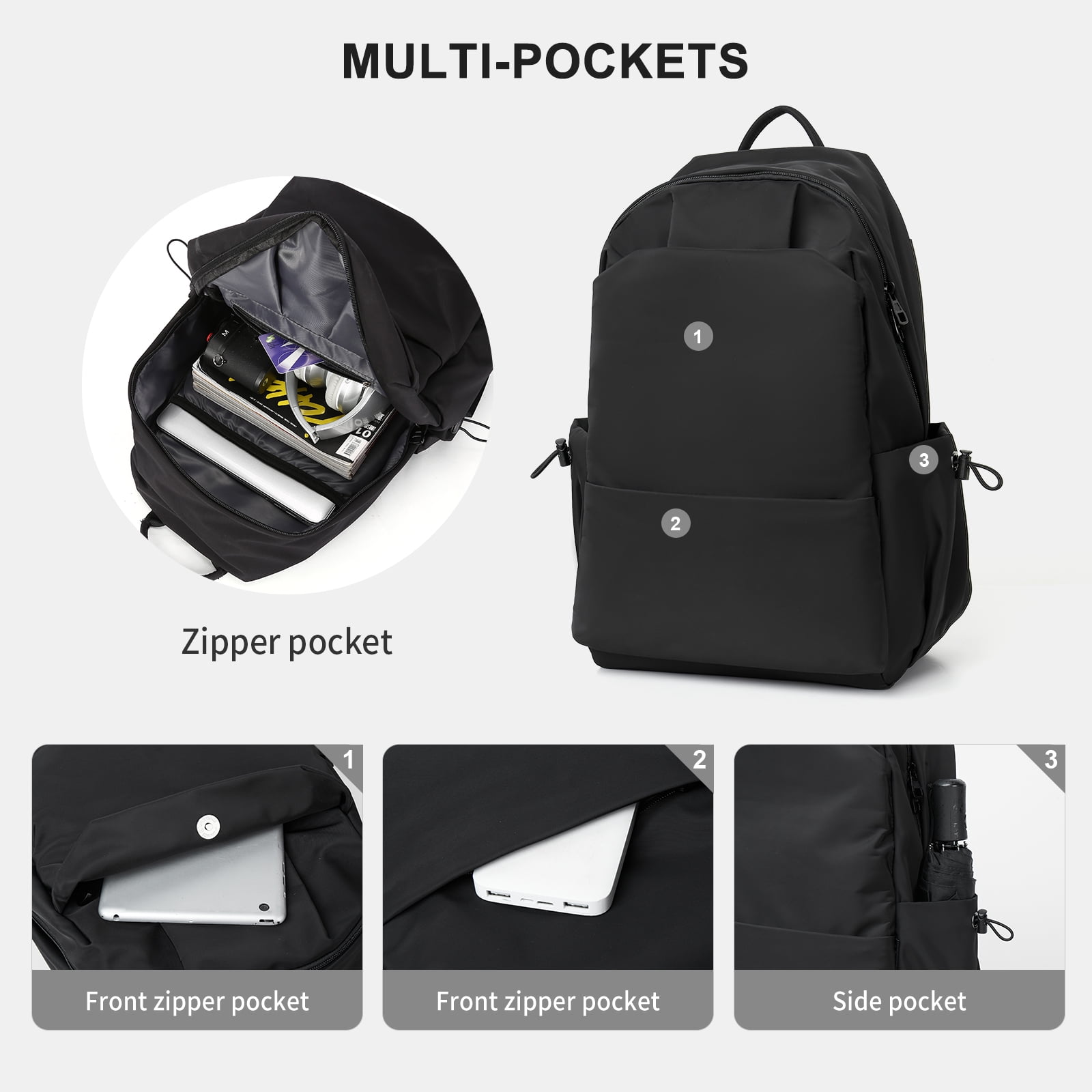 BJLFS Unisex Lightweight Water-Resistant Backpack Black - Image 3