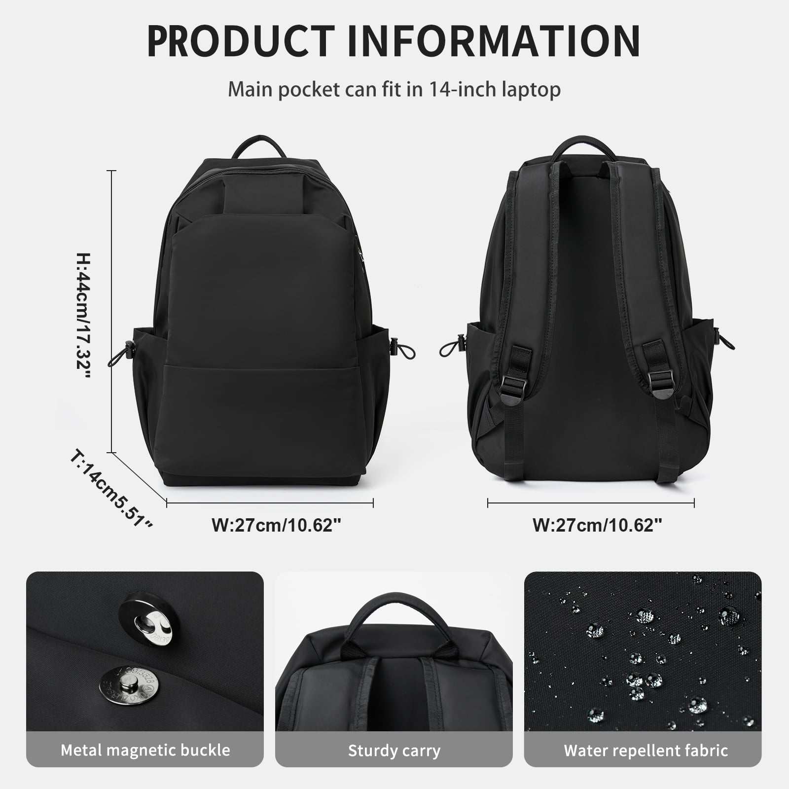 BJLFS Unisex Lightweight Water-Resistant Backpack Black - Image 4