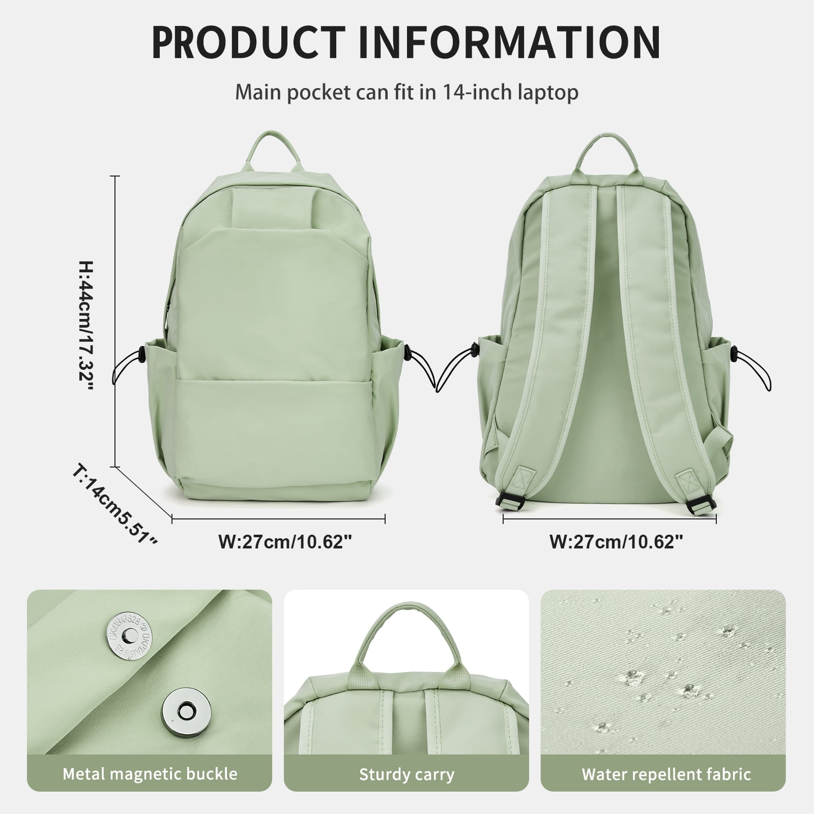 BJLFS Unisex Lightweight Water-Resistant Backpack, Black Light Green - Image 4