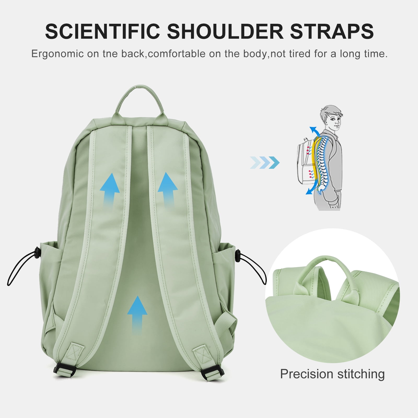 BJLFS Unisex Lightweight Water-Resistant Backpack, Black Light Green - Image 5