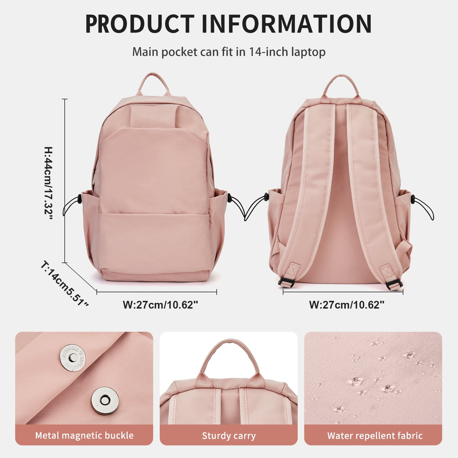 BJLFS Unisex Lightweight Water-Resistant Backpack, Black Pink - Image 5