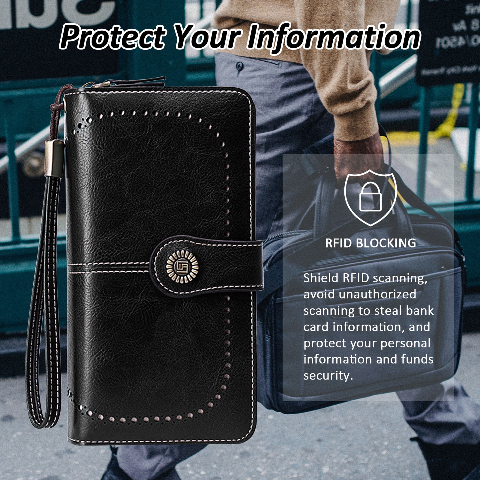 Leather Wallet Women Rfid Blocking Large Capacity, Zip Around Long Wallet - Pu Phone Clutch Purse, Trifold Ladies Wallets Coins Zipper Pocket with Id Window, Card Holder Wristlet Black - Image 3