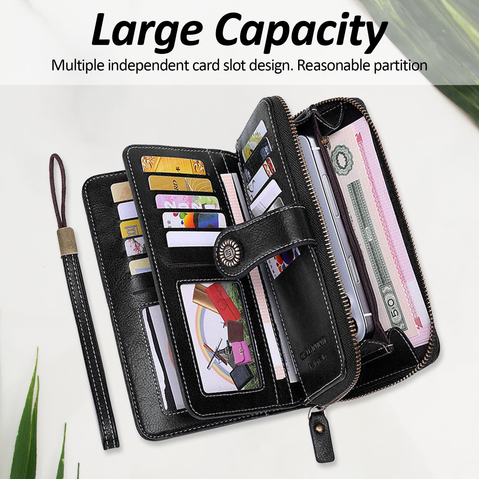 Leather Wallet Women Rfid Blocking Large Capacity, Zip Around Long Wallet - Pu Phone Clutch Purse, Trifold Ladies Wallets Coins Zipper Pocket with Id Window, Card Holder Wristlet Black - Image 4