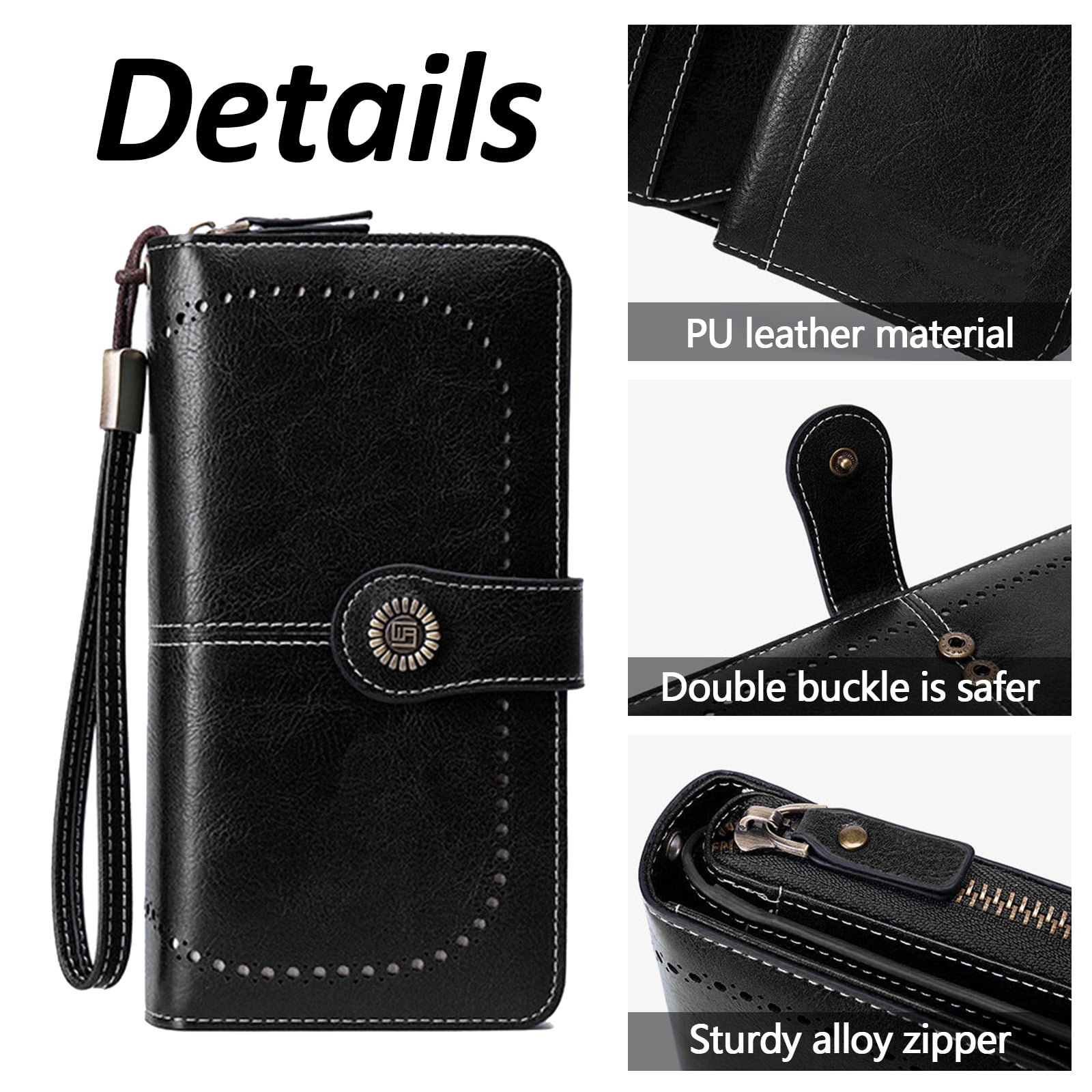 Leather Wallet Women Rfid Blocking Large Capacity, Zip Around Long Wallet - Pu Phone Clutch Purse, Trifold Ladies Wallets Coins Zipper Pocket with Id Window, Card Holder Wristlet Black - Image 5