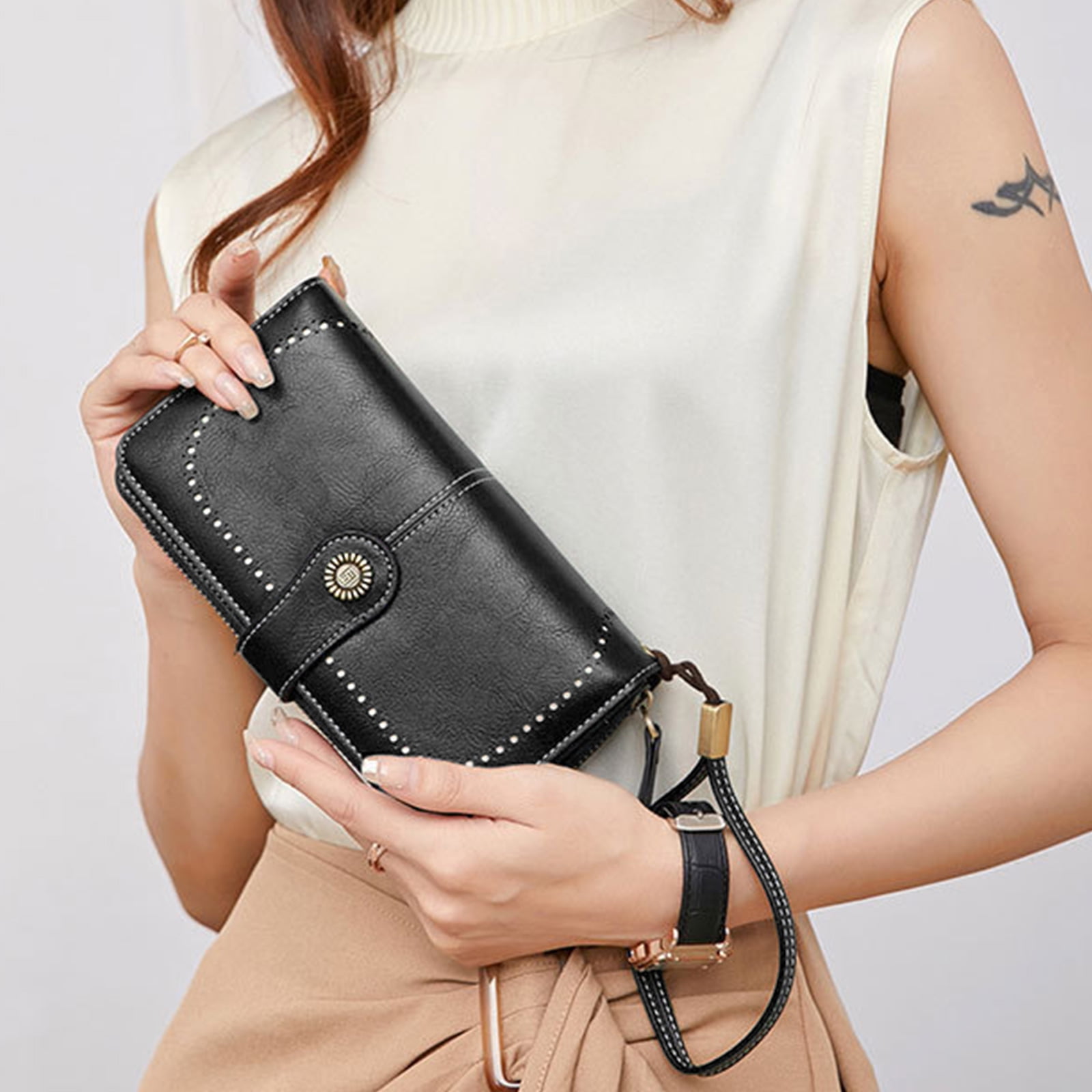 Leather Wallet Women Rfid Blocking Large Capacity, Zip Around Long Wallet - Pu Phone Clutch Purse, Trifold Ladies Wallets Coins Zipper Pocket with Id Window, Card Holder Wristlet Black - Image 7