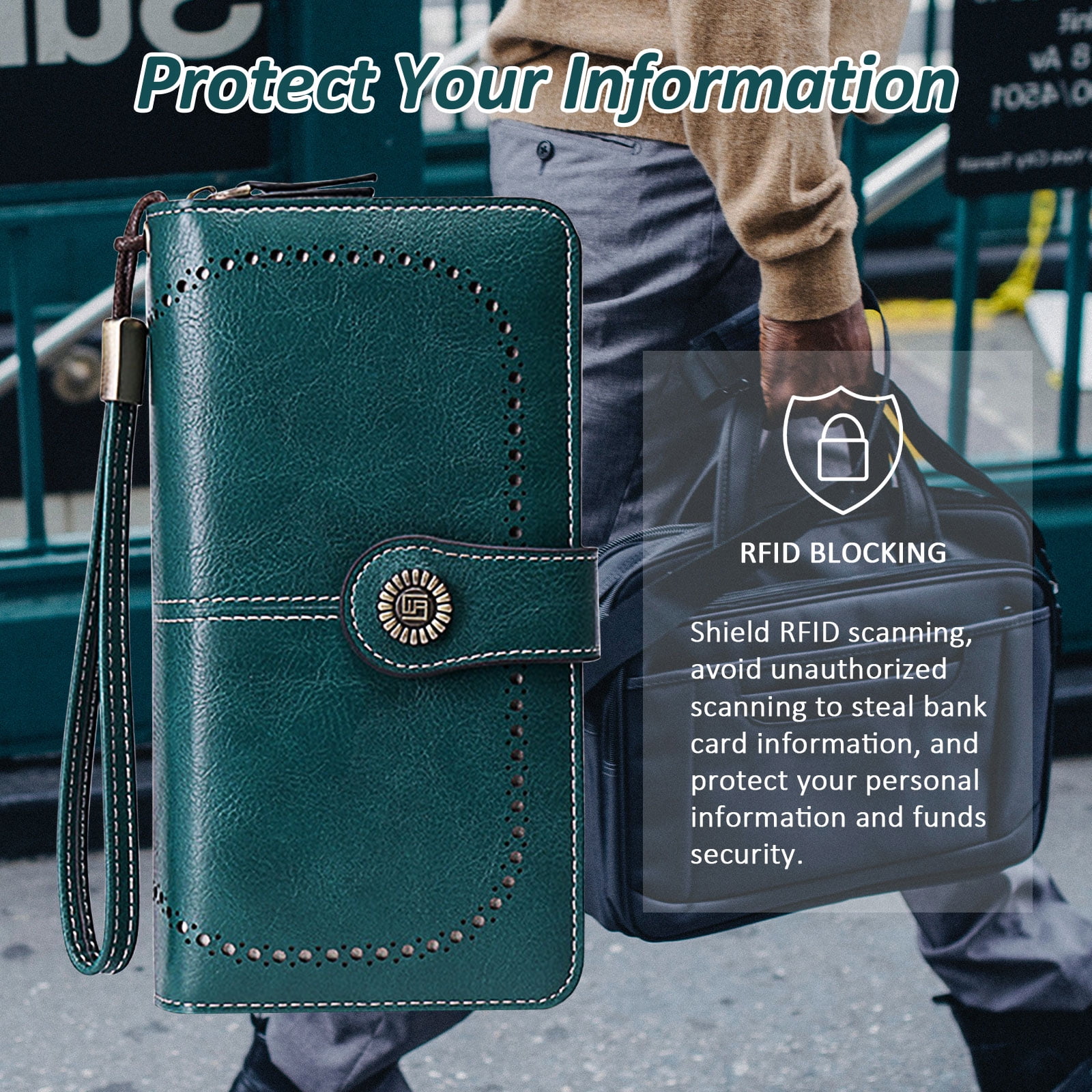 Leather Wallet Women Rfid Blocking Large Capacity, Zip Around Long Wallet - Pu Phone Clutch Purse, Trifold Ladies Wallets Coins Zipper Pocket with Id Window, Card Holder Wristlet, Black Blue - Image 3
