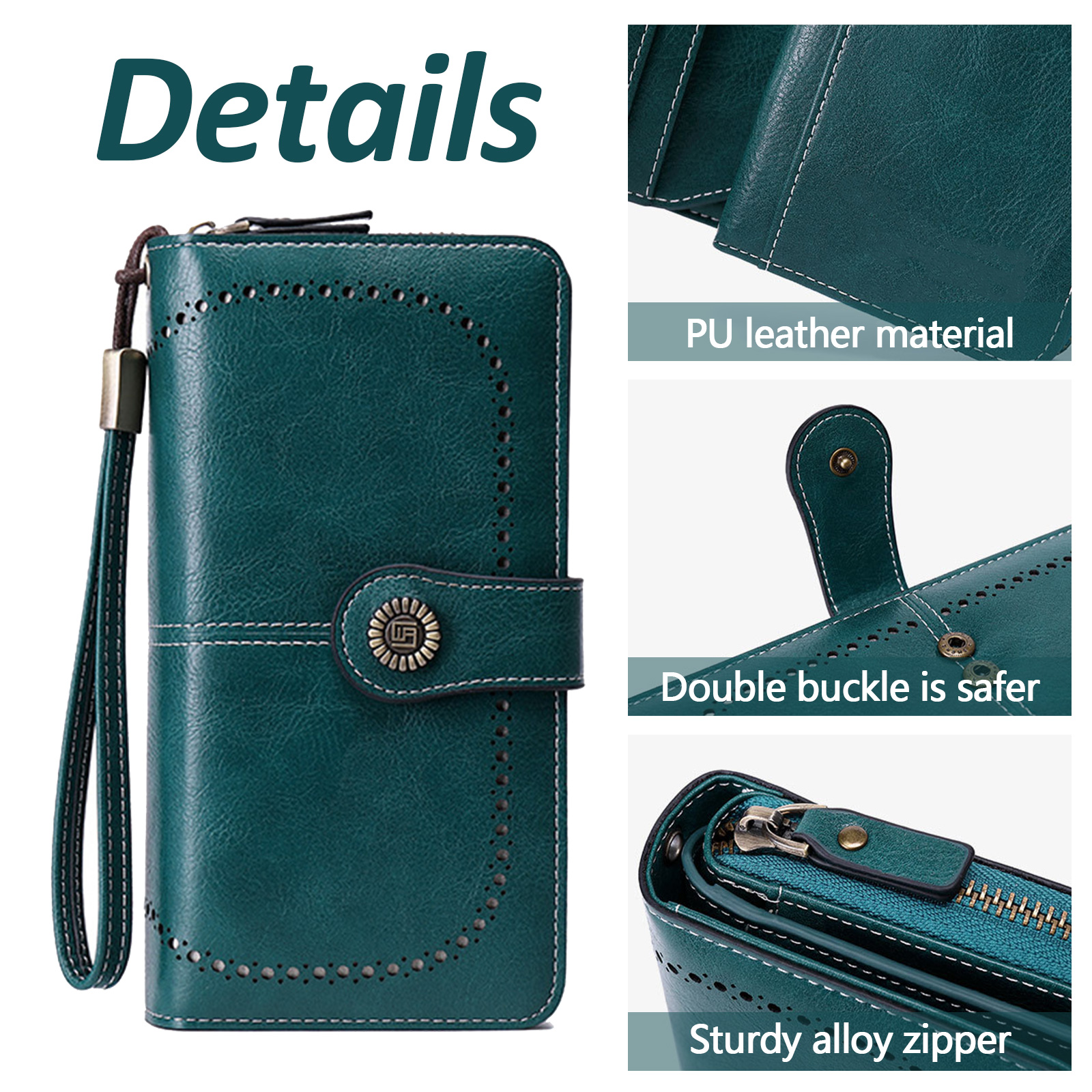 Leather Wallet Women Rfid Blocking Large Capacity, Zip Around Long Wallet - Pu Phone Clutch Purse, Trifold Ladies Wallets Coins Zipper Pocket with Id Window, Card Holder Wristlet, Black Blue - Image 5