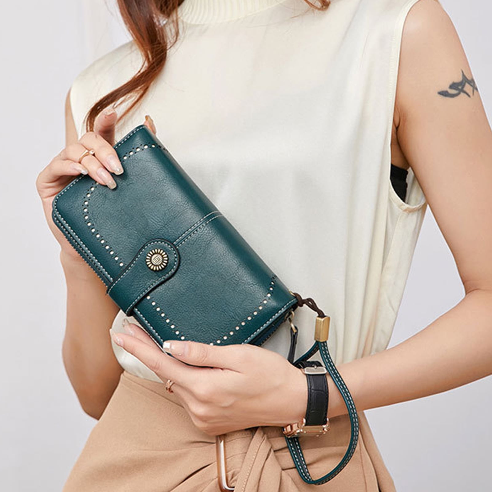 Leather Wallet Women Rfid Blocking Large Capacity, Zip Around Long Wallet - Pu Phone Clutch Purse, Trifold Ladies Wallets Coins Zipper Pocket with Id Window, Card Holder Wristlet, Black Blue - Image 7