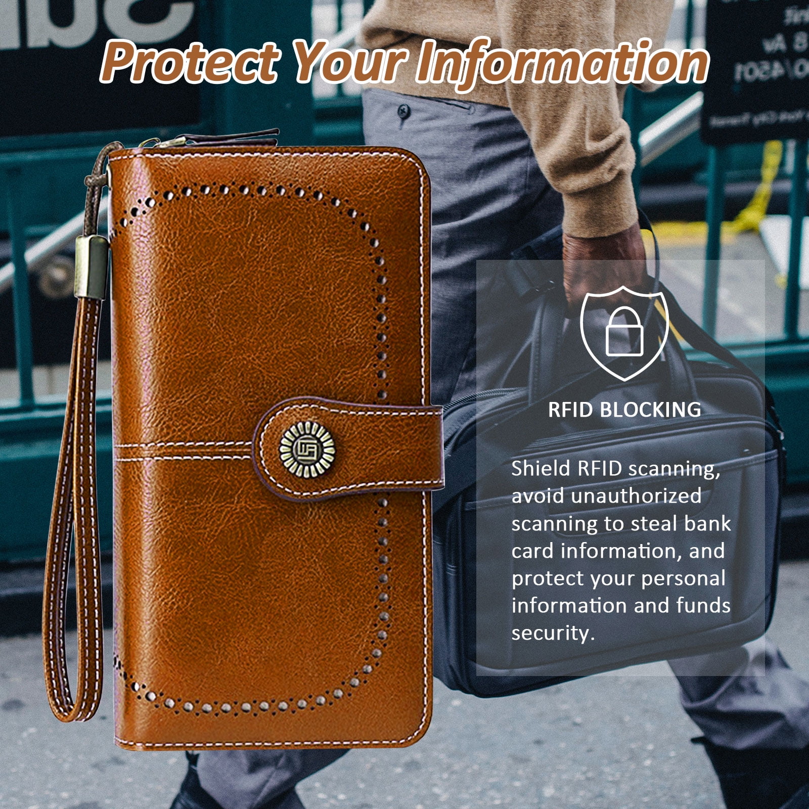 Leather Wallet Women Rfid Blocking Large Capacity, Zip Around Long Wallet - Pu Phone Clutch Purse, Trifold Ladies Wallets Coins Zipper Pocket with Id Window, Card Holder Wristlet, Black Brown - Image 3
