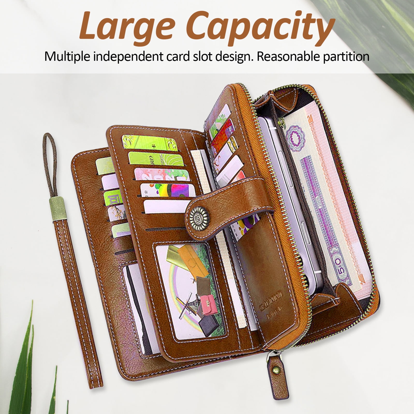 Leather Wallet Women Rfid Blocking Large Capacity, Zip Around Long Wallet - Pu Phone Clutch Purse, Trifold Ladies Wallets Coins Zipper Pocket with Id Window, Card Holder Wristlet, Black Brown - Image 4