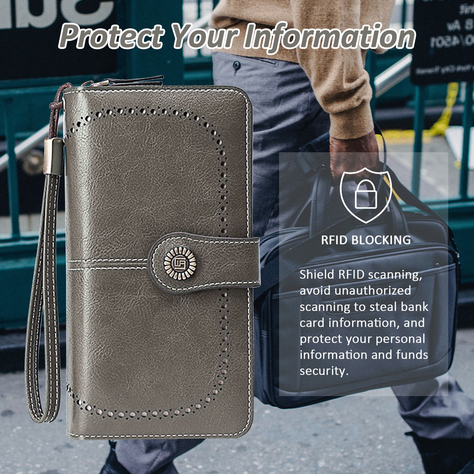 Leather Wallet Women Rfid Blocking Large Capacity, Zip Around Long Wallet - Pu Phone Clutch Purse, Trifold Ladies Wallets Coins Zipper Pocket with Id Window, Card Holder Wristlet, Black Gray - Image 3