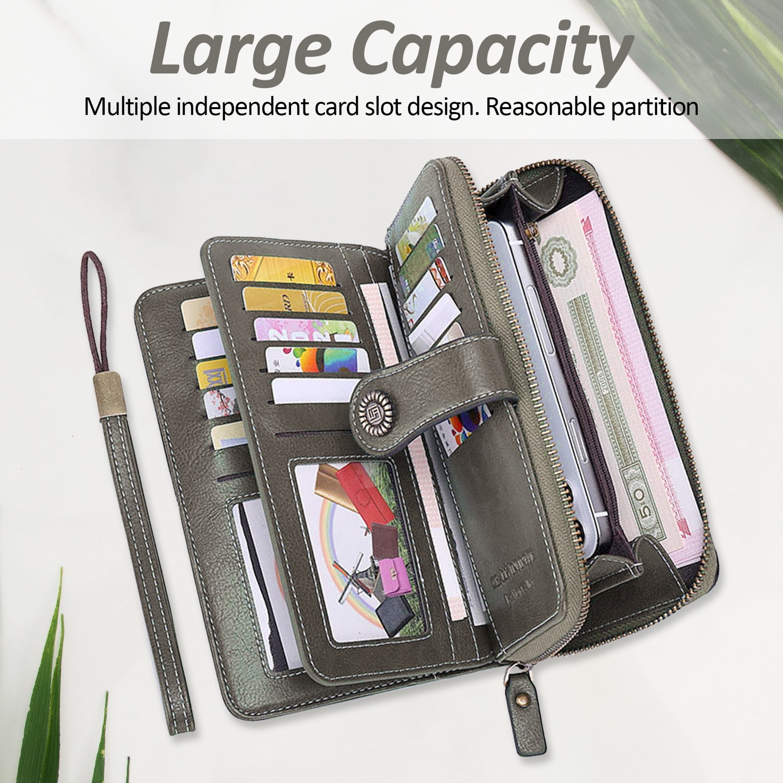 Leather Wallet Women Rfid Blocking Large Capacity, Zip Around Long Wallet - Pu Phone Clutch Purse, Trifold Ladies Wallets Coins Zipper Pocket with Id Window, Card Holder Wristlet, Black Gray - Image 4