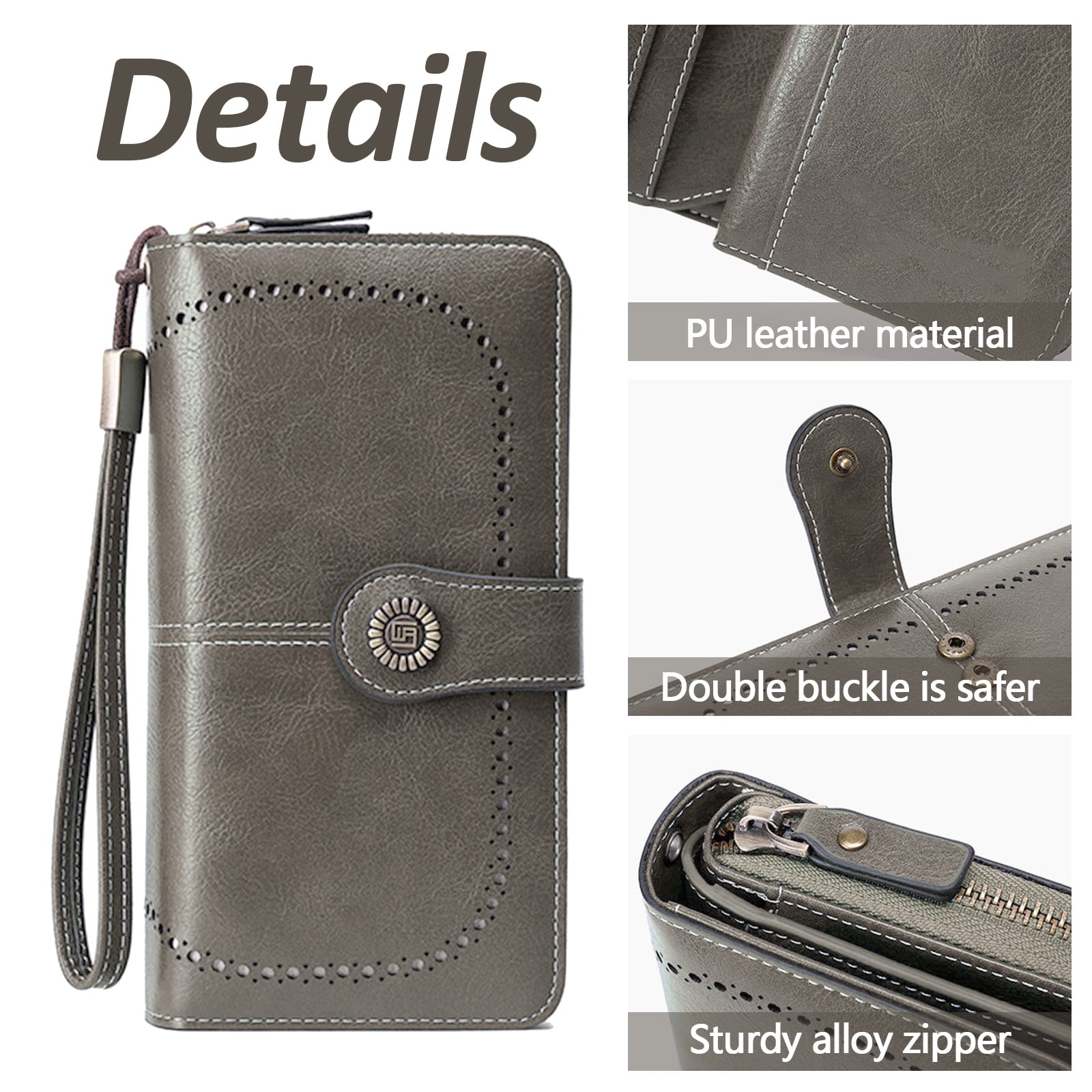 Leather Wallet Women Rfid Blocking Large Capacity, Zip Around Long Wallet - Pu Phone Clutch Purse, Trifold Ladies Wallets Coins Zipper Pocket with Id Window, Card Holder Wristlet, Black Gray - Image 5