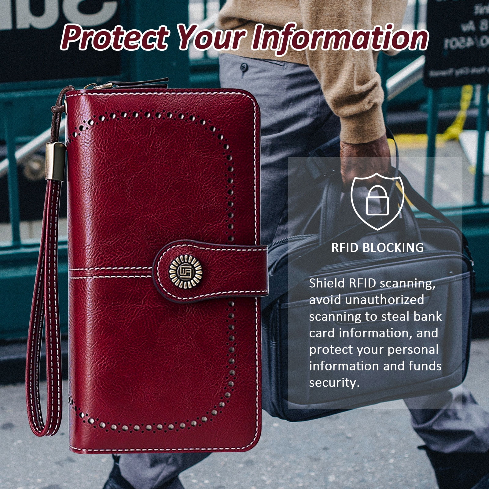 Leather Wallet Women Rfid Blocking Large Capacity, Zip Around Long Wallet - Pu Phone Clutch Purse, Trifold Ladies Wallets Coins Zipper Pocket with Id Window, Card Holder Wristlet, Black Red - Image 3