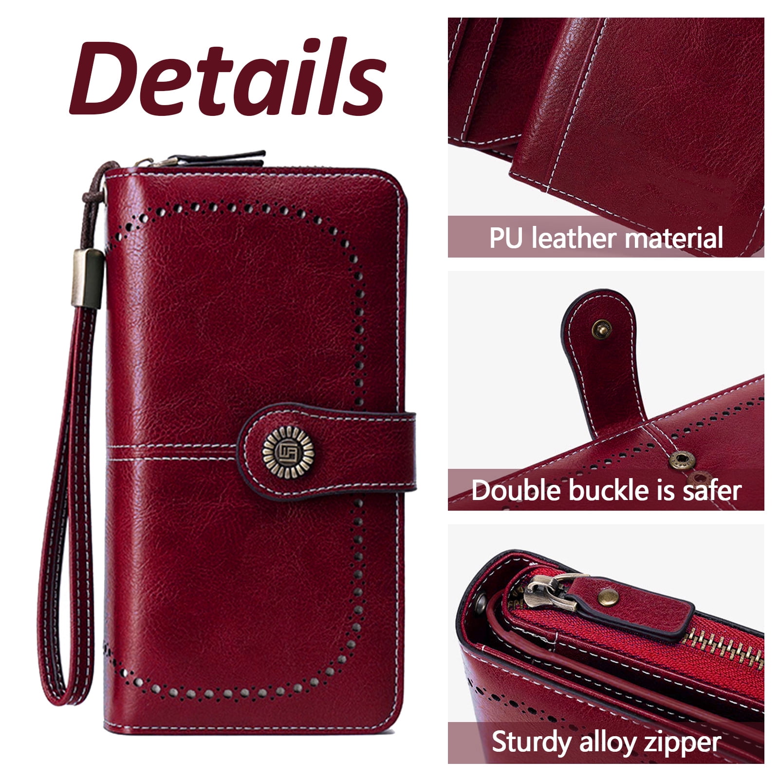 Leather Wallet Women Rfid Blocking Large Capacity, Zip Around Long Wallet - Pu Phone Clutch Purse, Trifold Ladies Wallets Coins Zipper Pocket with Id Window, Card Holder Wristlet, Black Red - Image 5