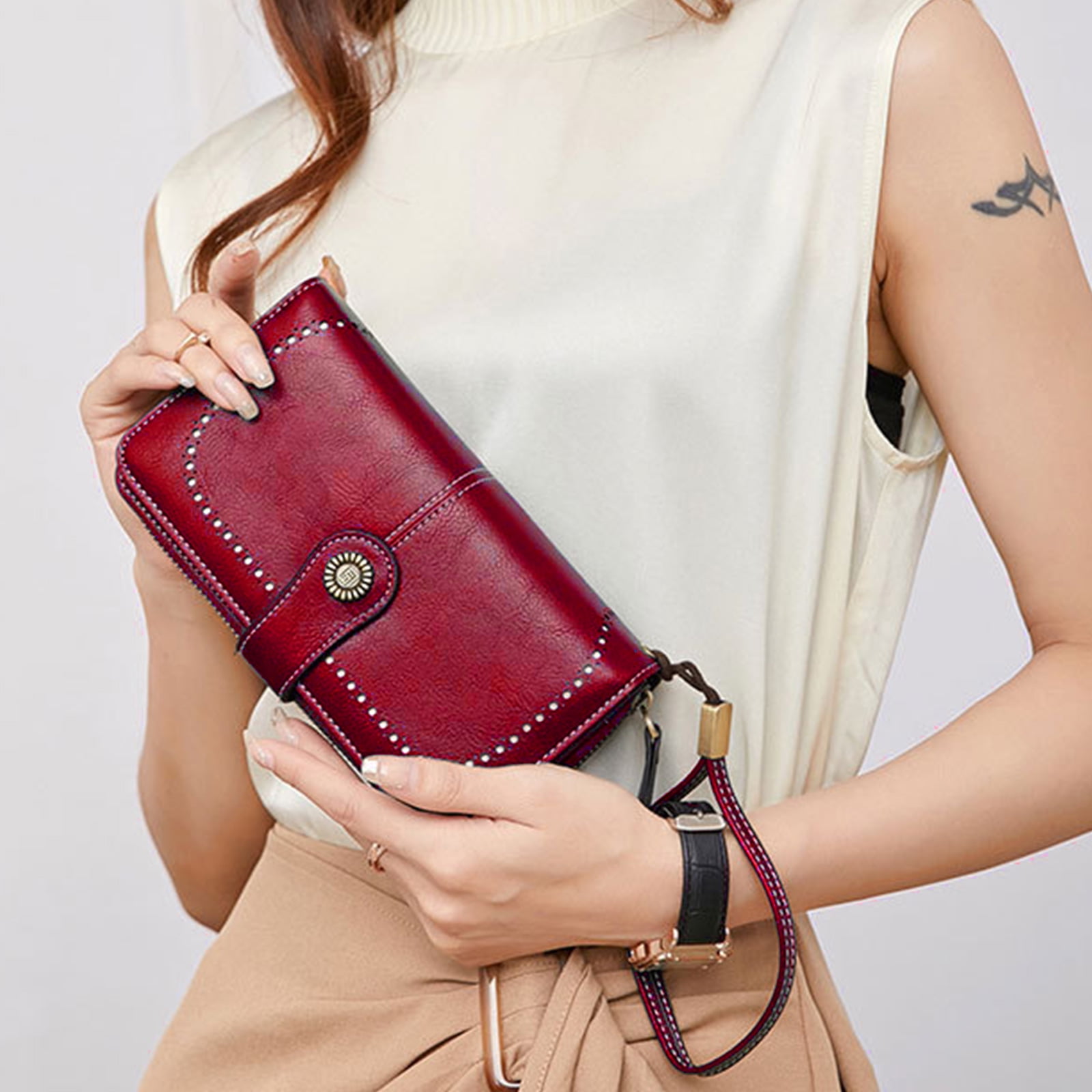 Leather Wallet Women Rfid Blocking Large Capacity, Zip Around Long Wallet - Pu Phone Clutch Purse, Trifold Ladies Wallets Coins Zipper Pocket with Id Window, Card Holder Wristlet, Black Red - Image 7