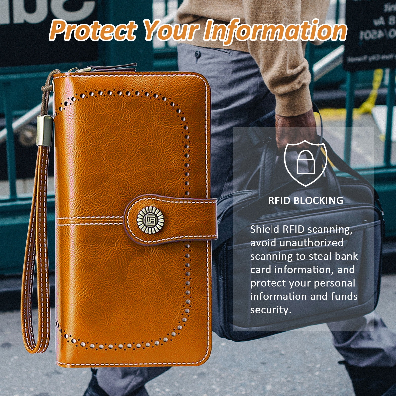 Leather Wallet Women Rfid Blocking Large Capacity, Zip Around Long Wallet - Pu Phone Clutch Purse, Trifold Ladies Wallets Coins Zipper Pocket with Id Window, Card Holder Wristlet, Black Yellow - Image 3