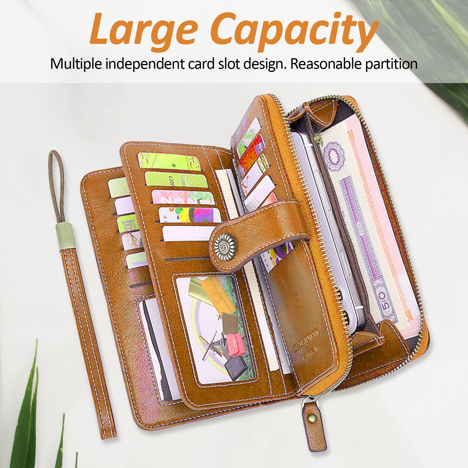 Leather Wallet Women Rfid Blocking Large Capacity, Zip Around Long Wallet - Pu Phone Clutch Purse, Trifold Ladies Wallets Coins Zipper Pocket with Id Window, Card Holder Wristlet, Black Yellow - Image 4