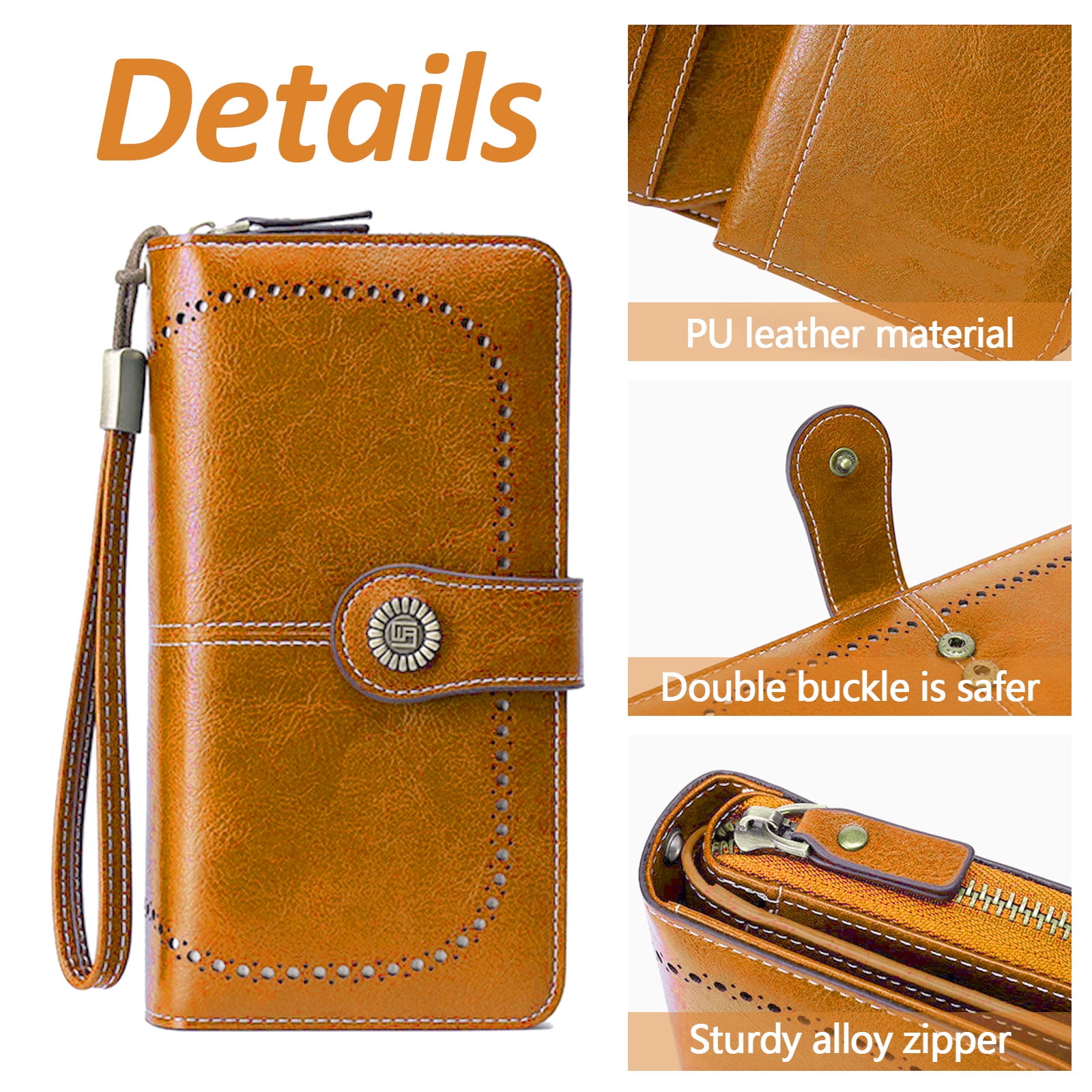 Leather Wallet Women Rfid Blocking Large Capacity, Zip Around Long Wallet - Pu Phone Clutch Purse, Trifold Ladies Wallets Coins Zipper Pocket with Id Window, Card Holder Wristlet, Black Yellow - Image 5