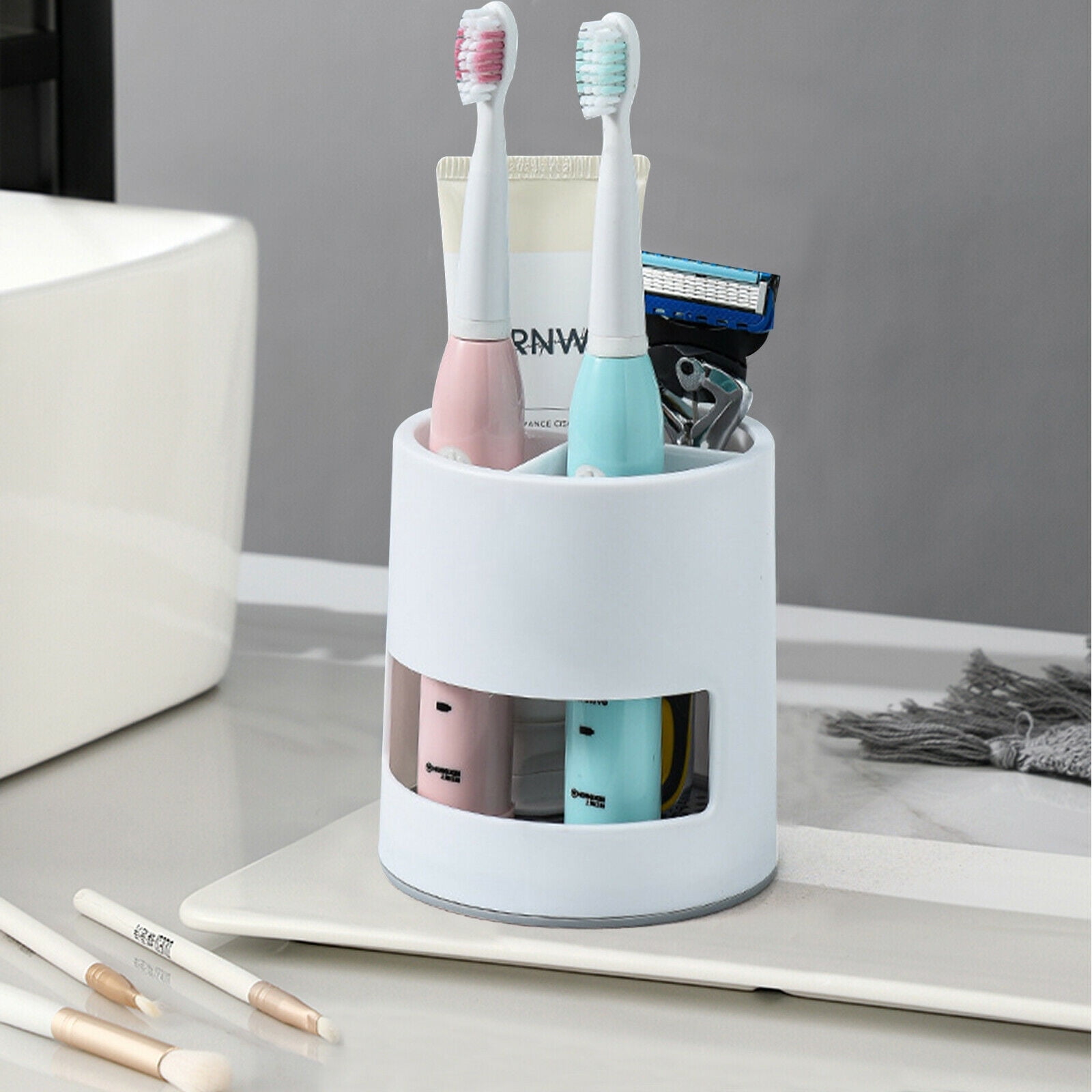 Toothbrush Holders Toothpaste Stand Bathroom Organizer Cup Kitchen Cutlery Rack Vanity Countertop Makeup Brush Pen Storage White Round - Image 1