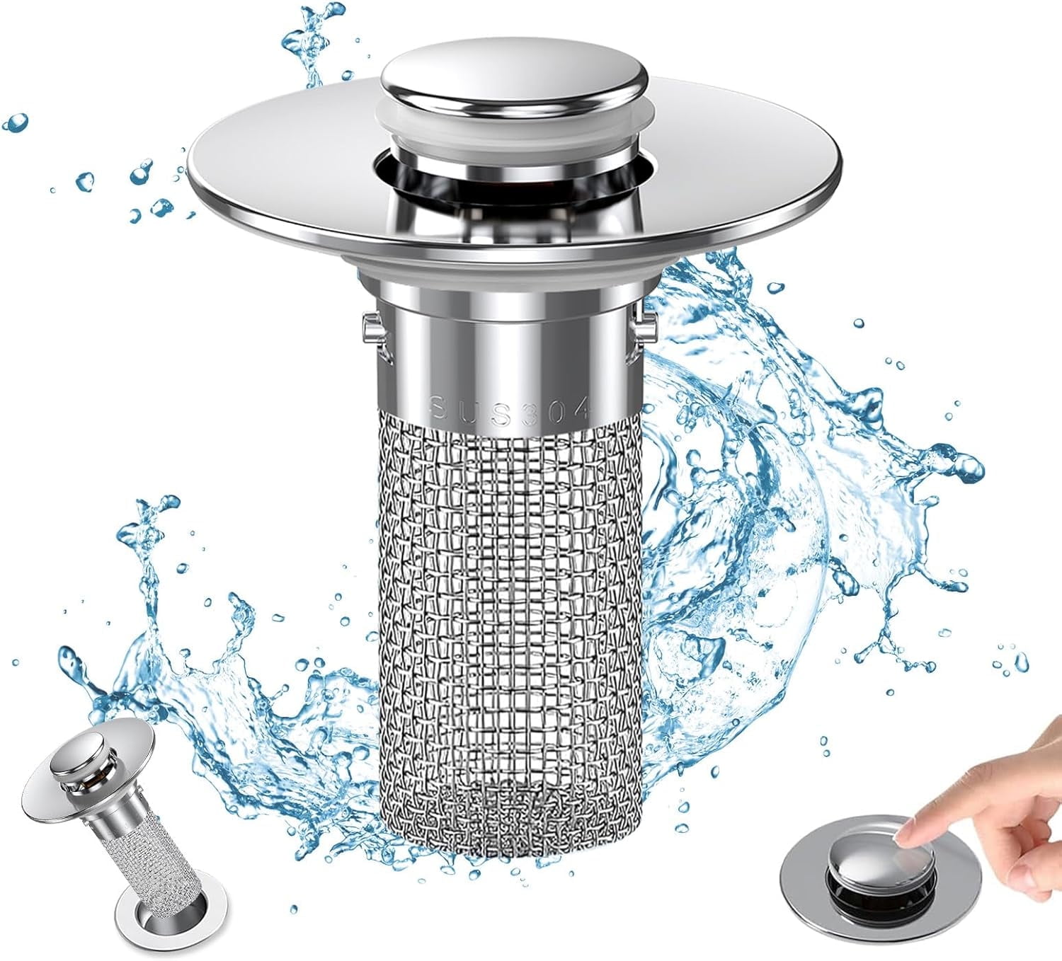 Bathroom Sink Drain Stopper - Pop Up Drain Plug with 1 Replacement Filters Basket, Removable Stainless Steel Floor Drain Filter, Anti Clogging Sink Strainer Hair Catcher for Washroom (Silver) - Image 1
